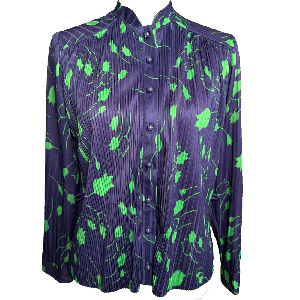 Vintage Julie Francis Botanical Tulip Print Pleated Blouse Made in England 10 - Picture 2 of 8